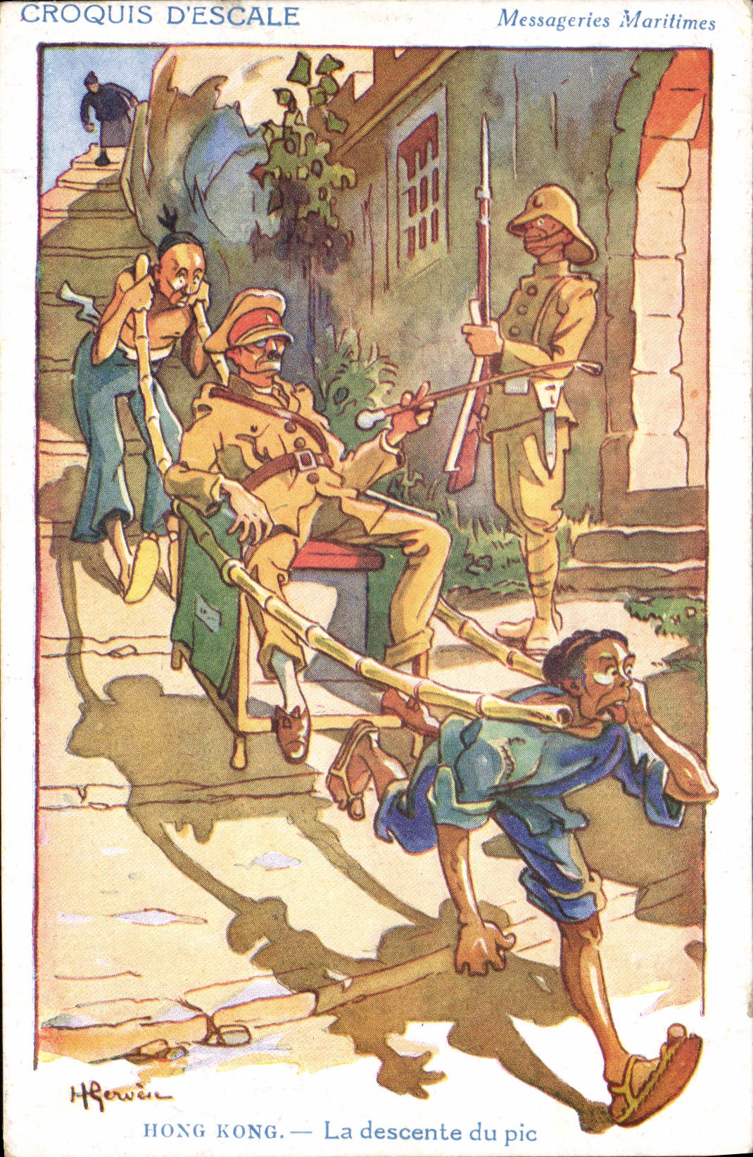 CPA Illustrateur Gervese Croquis d'escale Messageries Maritimes Hong Kong la descente du pic Chine China