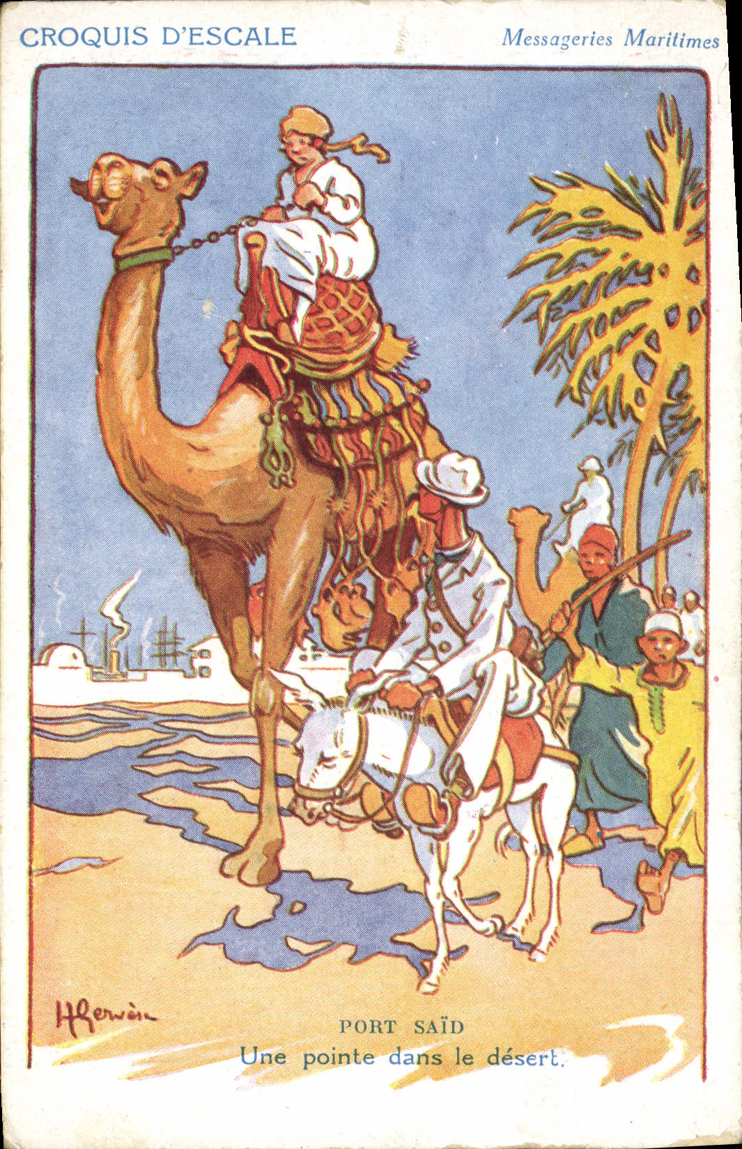 Bosquejo de Gervese del ilustrador de la POSTAL de la VENDIMIA del transporte marítimo Port Saïd de la escala al punto en el camello del desierto