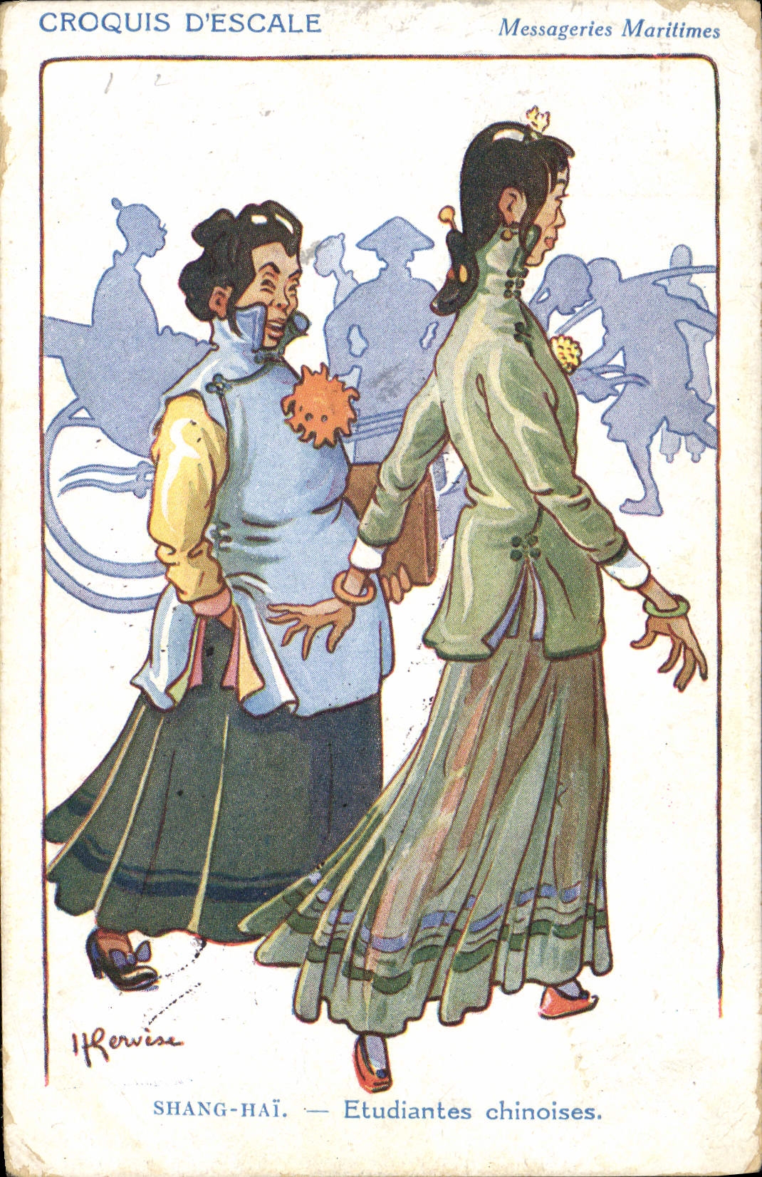 CPA Illustrateur Gervese Croquis d'escale Messageries Maritimes Shang Hai Chine China Etudiantes chinoises