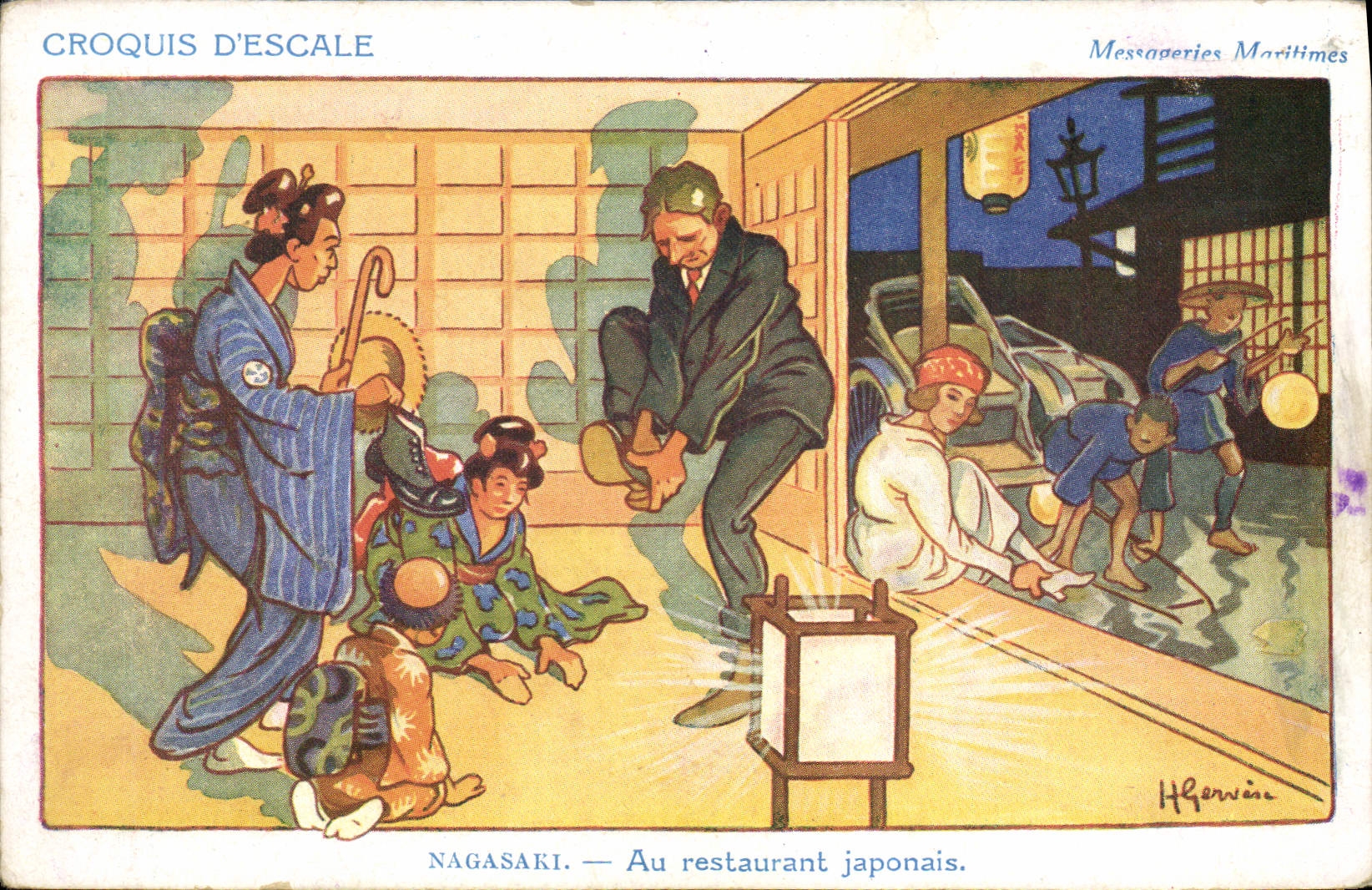 CPA Illustrateur Gervese Croquis d'escale Messageries Maritimes Nagasaki Au restaurant japonais Japon Japan