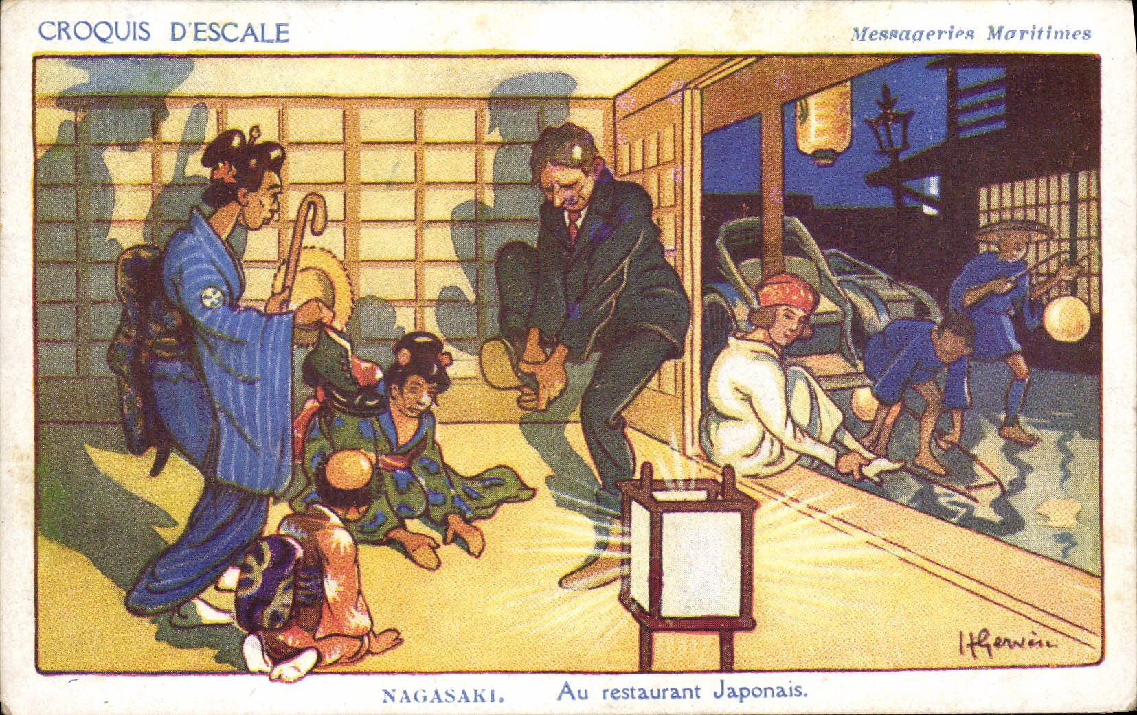 CPA Illustrateur Gervese Croquis d'escale Messageries Maritimes Nagasaki Au restaurant japonais Japon Japan