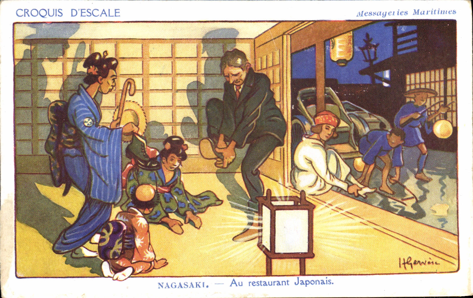 CPA Illustrateur Gervese Croquis d'escale Messageries Maritimes Nagasaki Au restaurant japonais Japon Japan