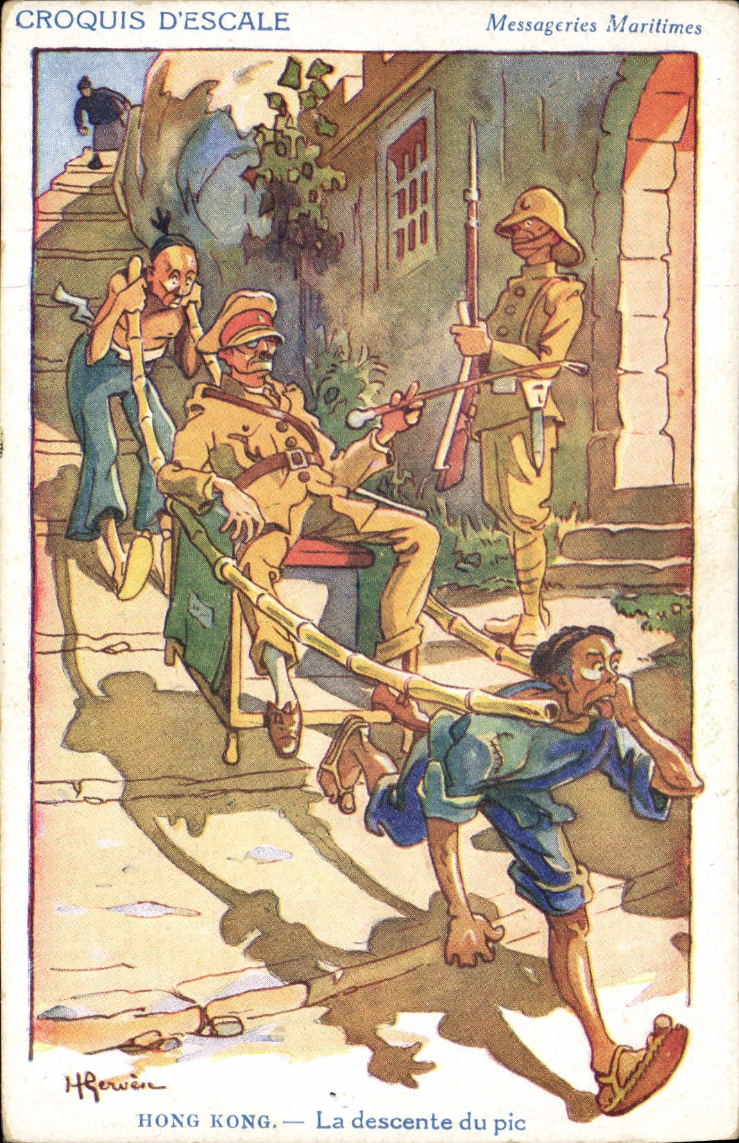 CPA Illustrateur Gervese Nos marins Croquis d'escale Messageries Maritimes Hong Kong La descente du pic Chine China