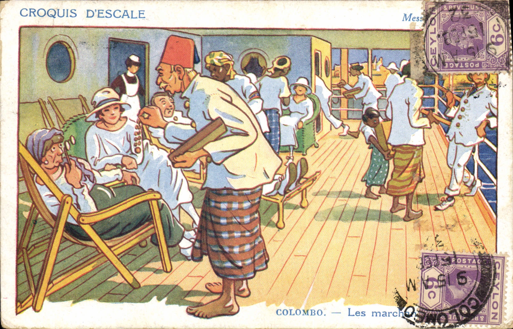El bosquejo de Gervese del ilustrador de la POSTAL de la VENDIMIA del transporte marítimo Sri Lanka Colombo de la escala camina