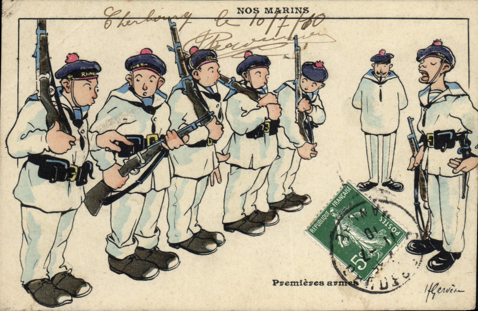 CPA Illustrateur Gervese Nos marins Premieres armes