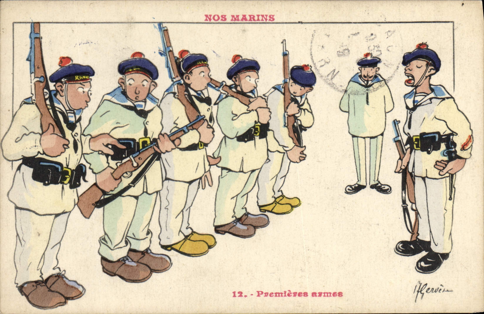 CPA Illustrateur Gervese Nos marins Premieres armes