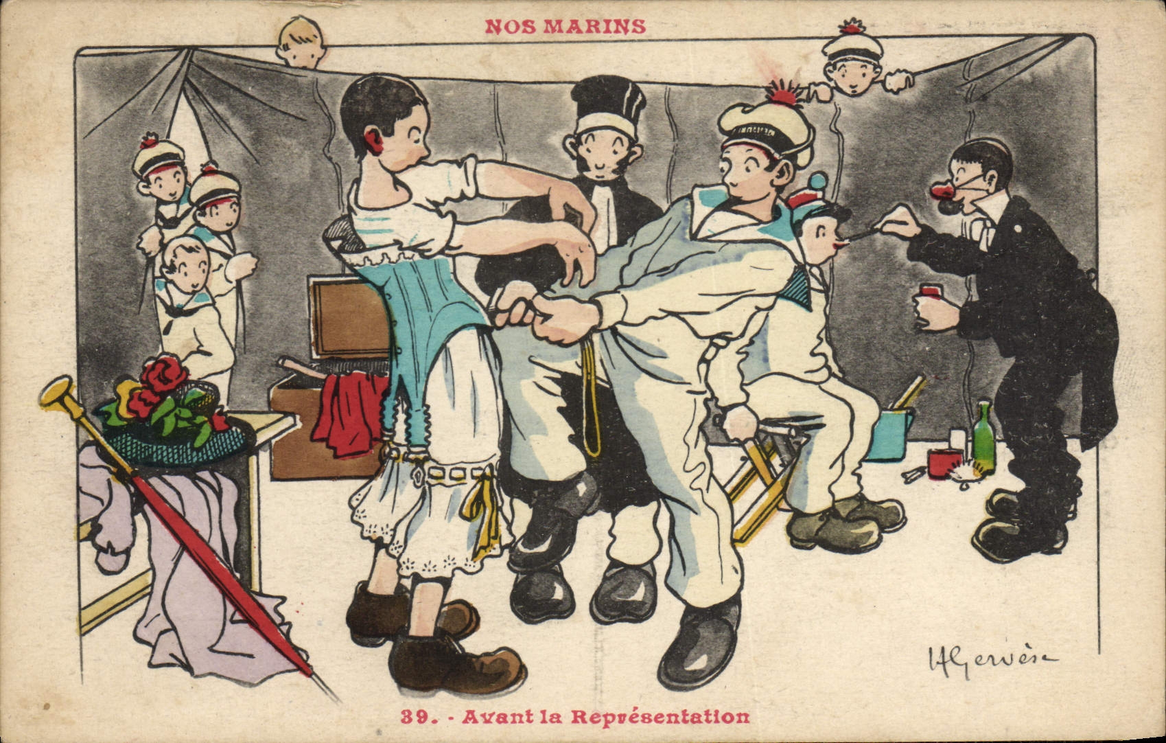 CPA Illustrateur Gervese Nos marins Avant la representation
