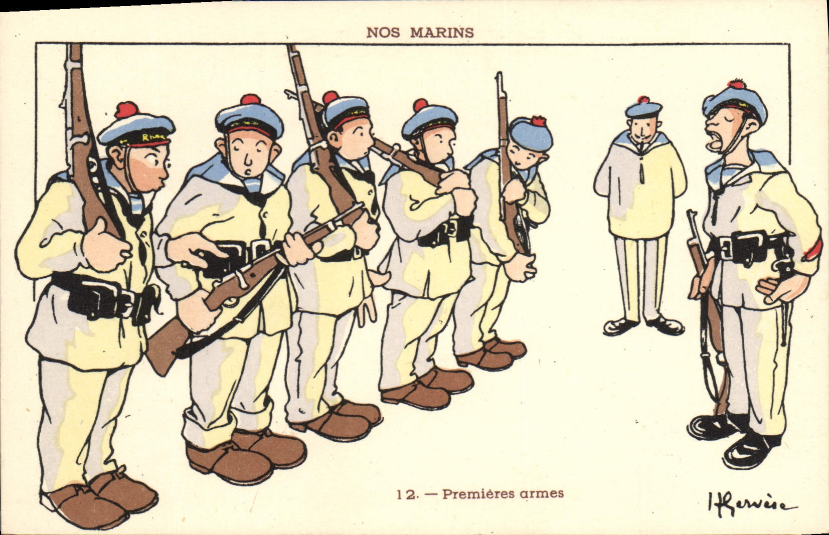 CPA Illustrateur Gervese Nos marins Premieres armes