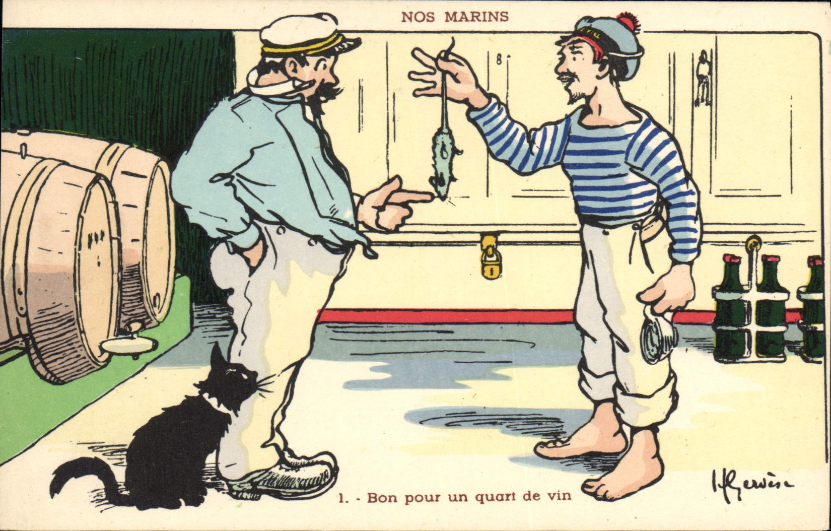 Ilustrador de Gervese de la POSTAL de la VENDIMIA nuestros buenos marineros para un cuarto del ratón del gato del vino