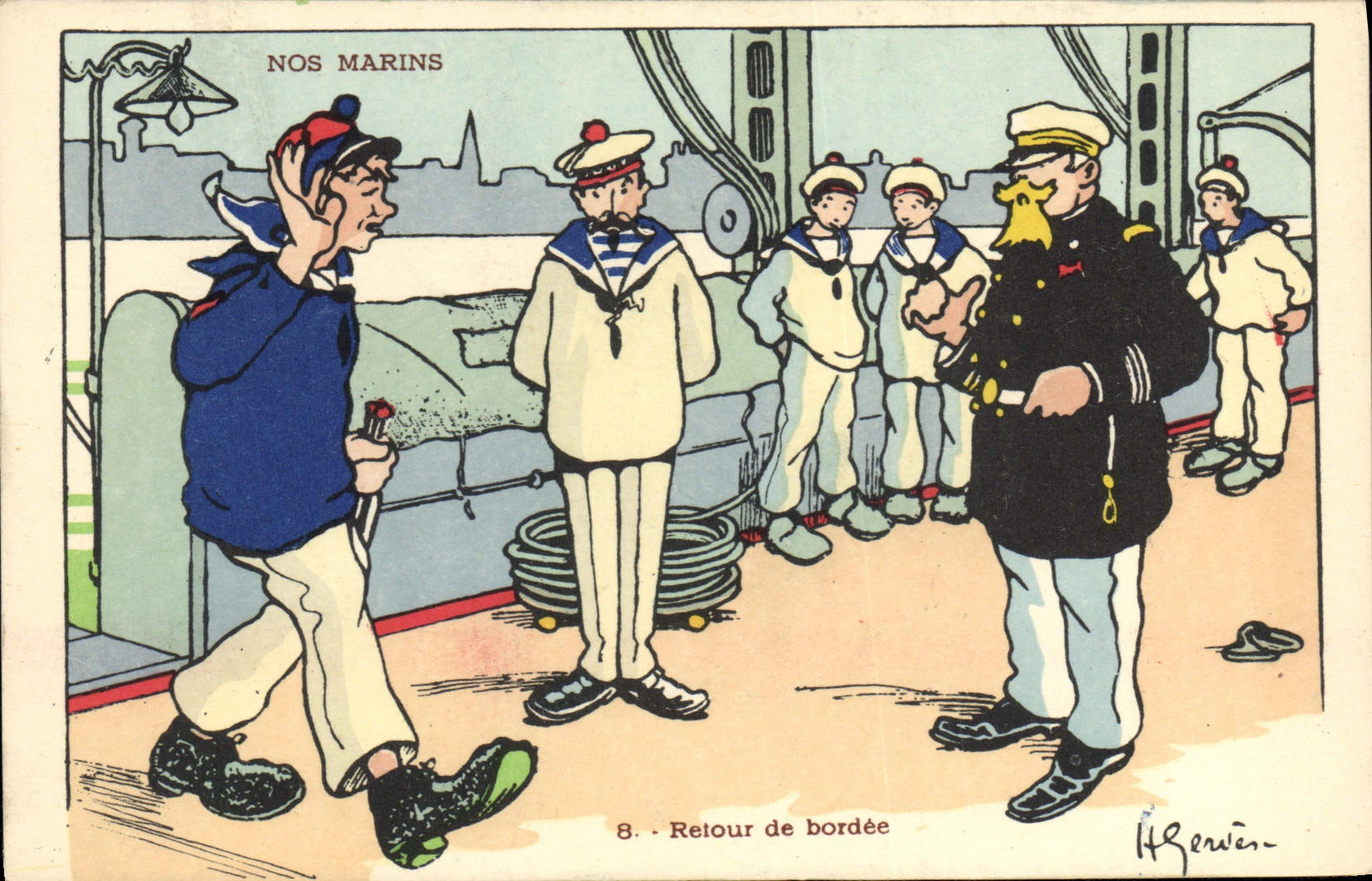 Ilustrador de Gervese de la POSTAL de la VENDIMIA nuestra vuelta de los marineros del costado