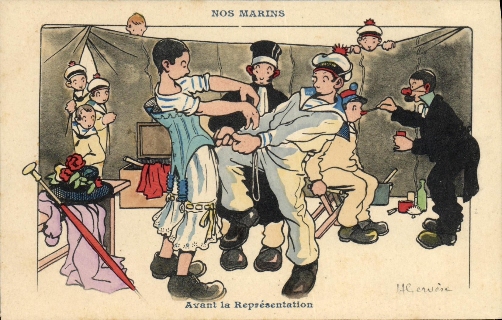 CPA Illustrateur Gervese Nos marins Avant la representation