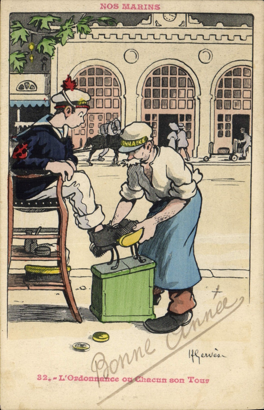 CPA Illustrateur Gervese Nos marins L'ordonnance ou chacun son tour Cireur de chaussures