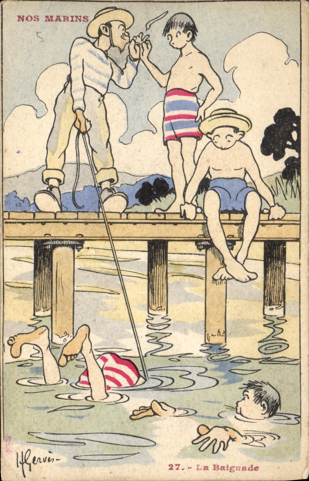 CPA Illustrateur Gervese Nos marins la baignade