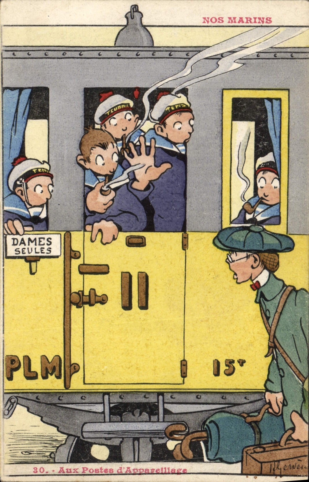 Ilustrador de Gervese de la POSTAL de la VENDIMIA que nuestros marineros en las estaciones del equipo entrenan