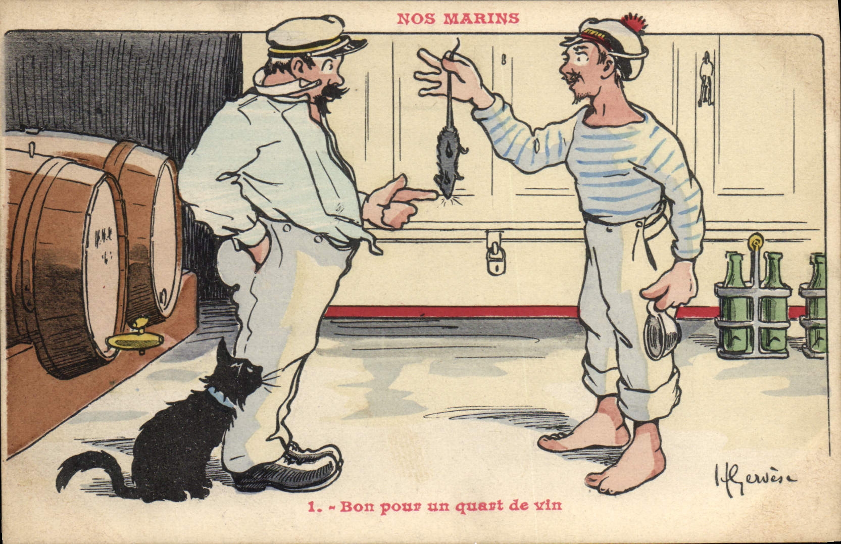 CPA Illustrateur Gervese Nos marins Bon pour un quart de vin Chat Souris