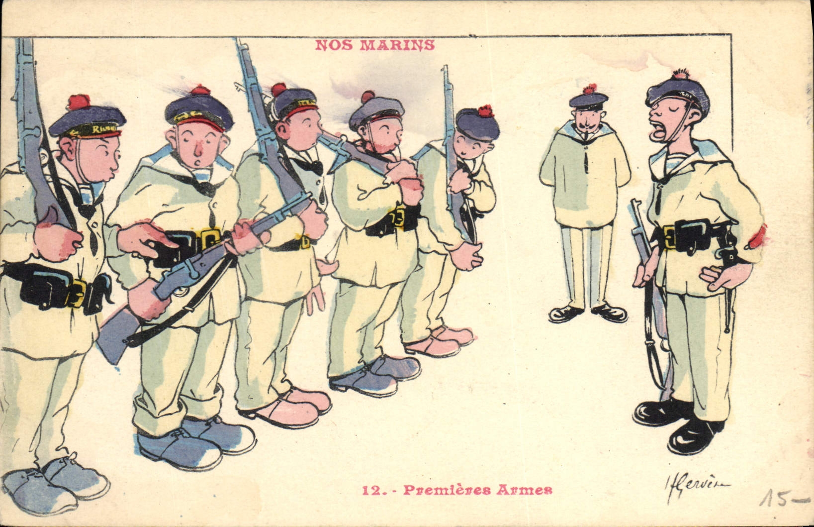 CPA Illustrateur Gervese Nos marins Premieres armes