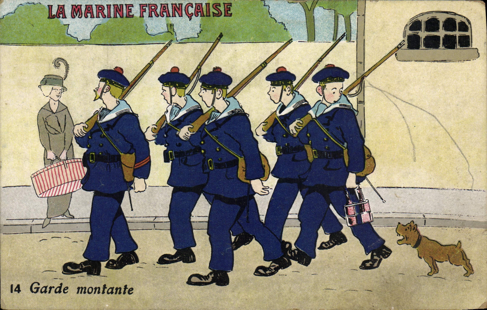 VINTAGE POSTCARD Boat War French Navy Relief guard Dog