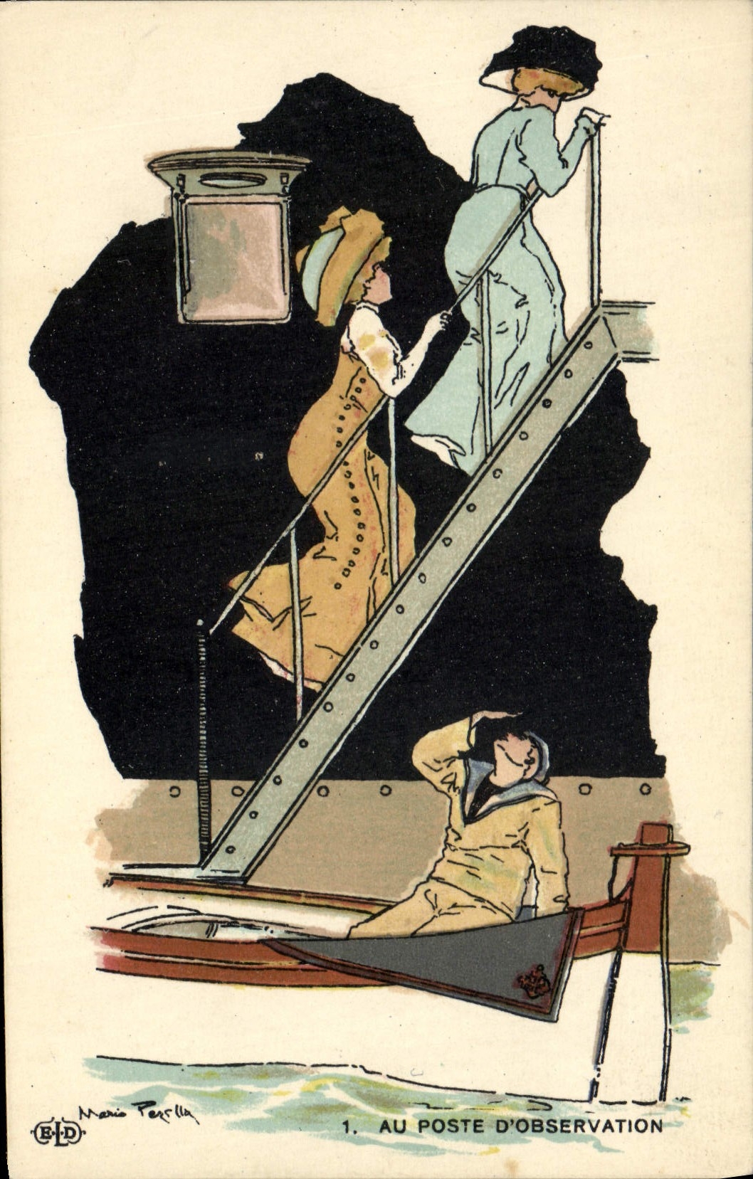 CPA Bateau Guerre Marin Femmes Au poste d'observation