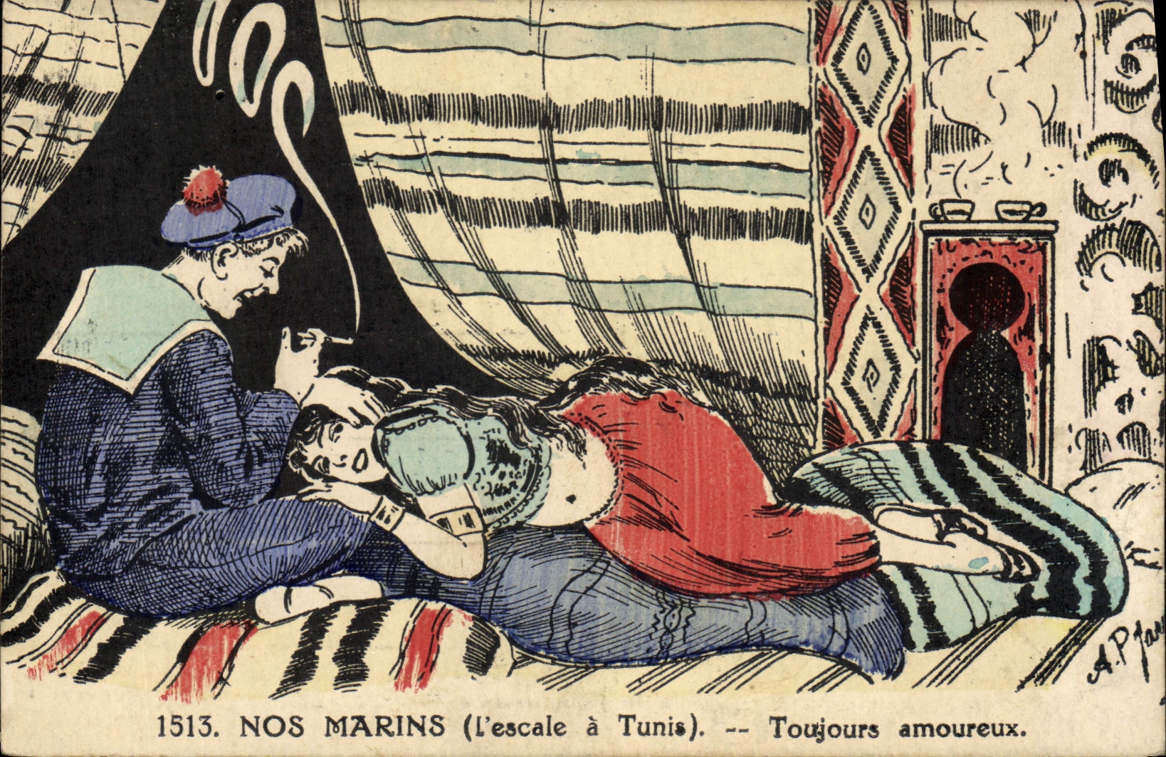 CPA Bateau Guerre Nos marins Escale a Tunis Toujours amoureux