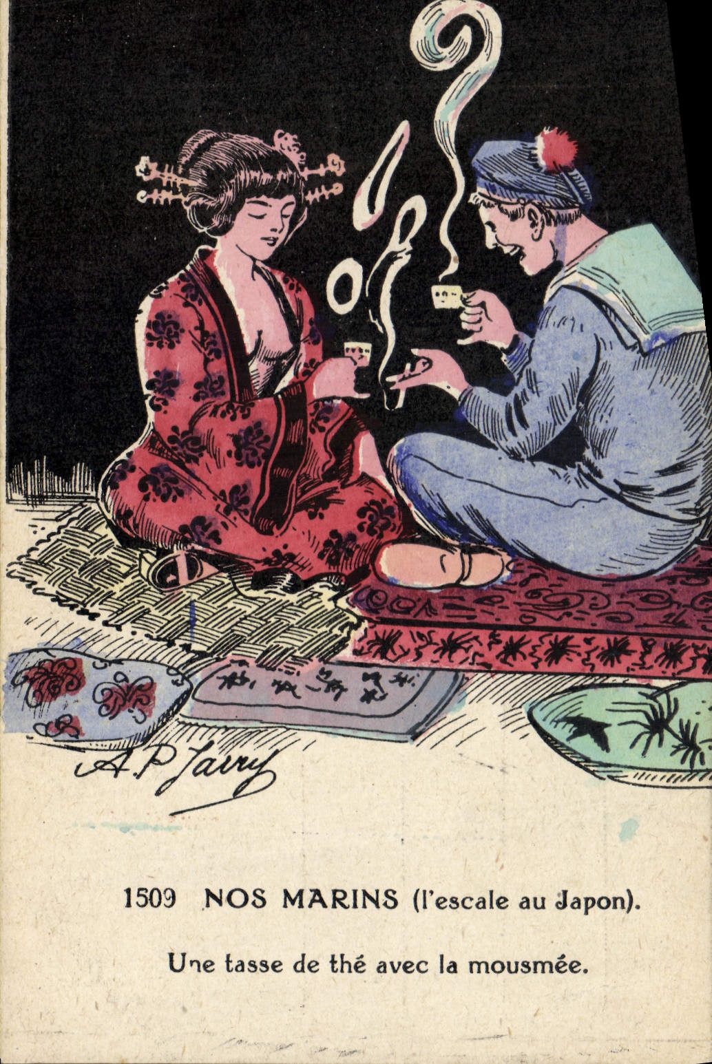 VINTAGE POSTCARD Boat War Our sailors Stopover in Japan a cup of with the mousmee Jarry