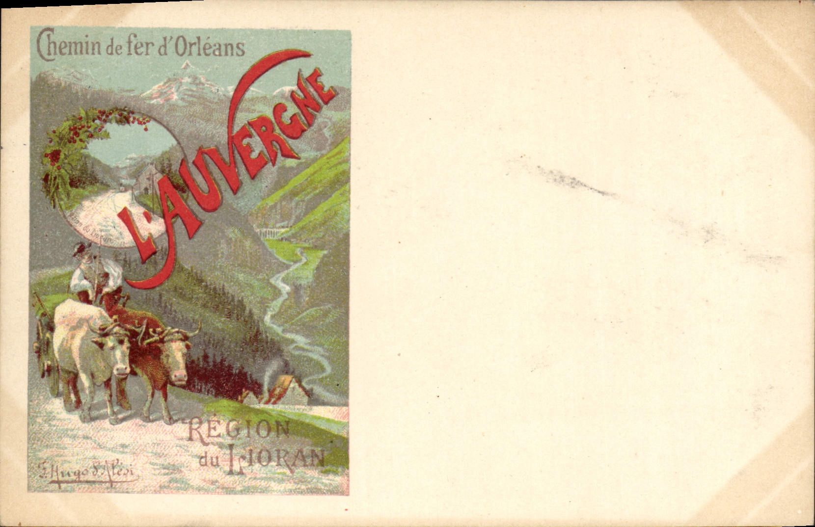CPA Fantaisie Illustrateur L'Auvergne Chemin de fer d'Orleans Boeufs Lioran Attelage