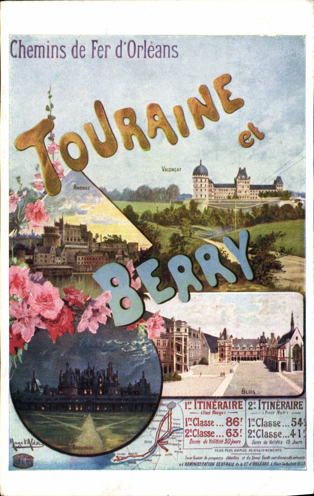Ferrocarriles del ilustrador de la fantasía de la POSTAL de la VENDIMIA de Orleans Touraine y del tren de la baya