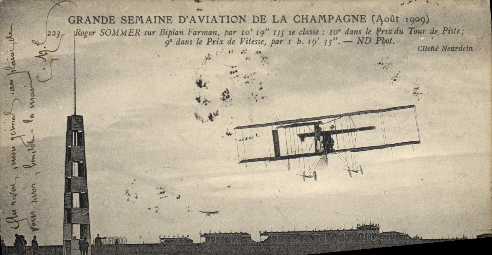 CPA Avion Aviation Grande semaine d'aviation de la Champagne Roger somemr sur biplan Sommer 