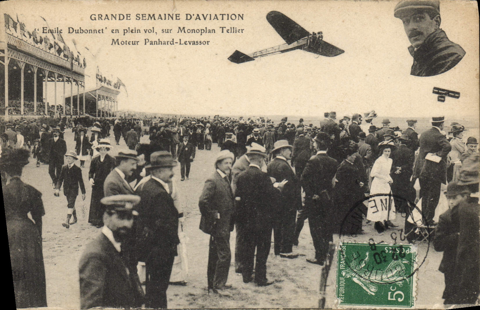 CPA Avion Aviation Grande semaine d'aviation Emile Dubonnet en plein vol sur monoplan Tellier Moteur Panhard Levassor