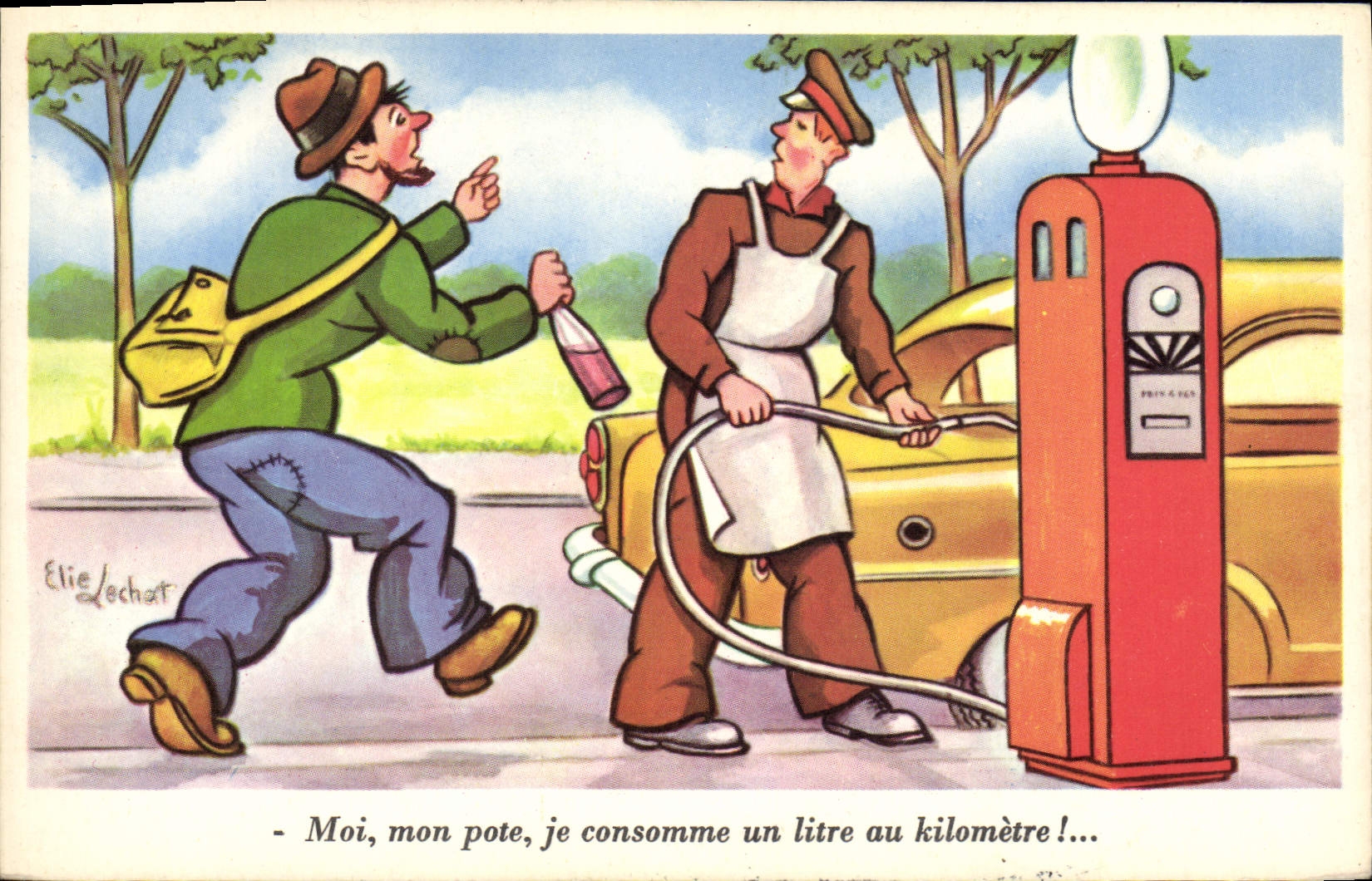 VINTAGE POSTCARD Automobile Elie Lechat Me my pal