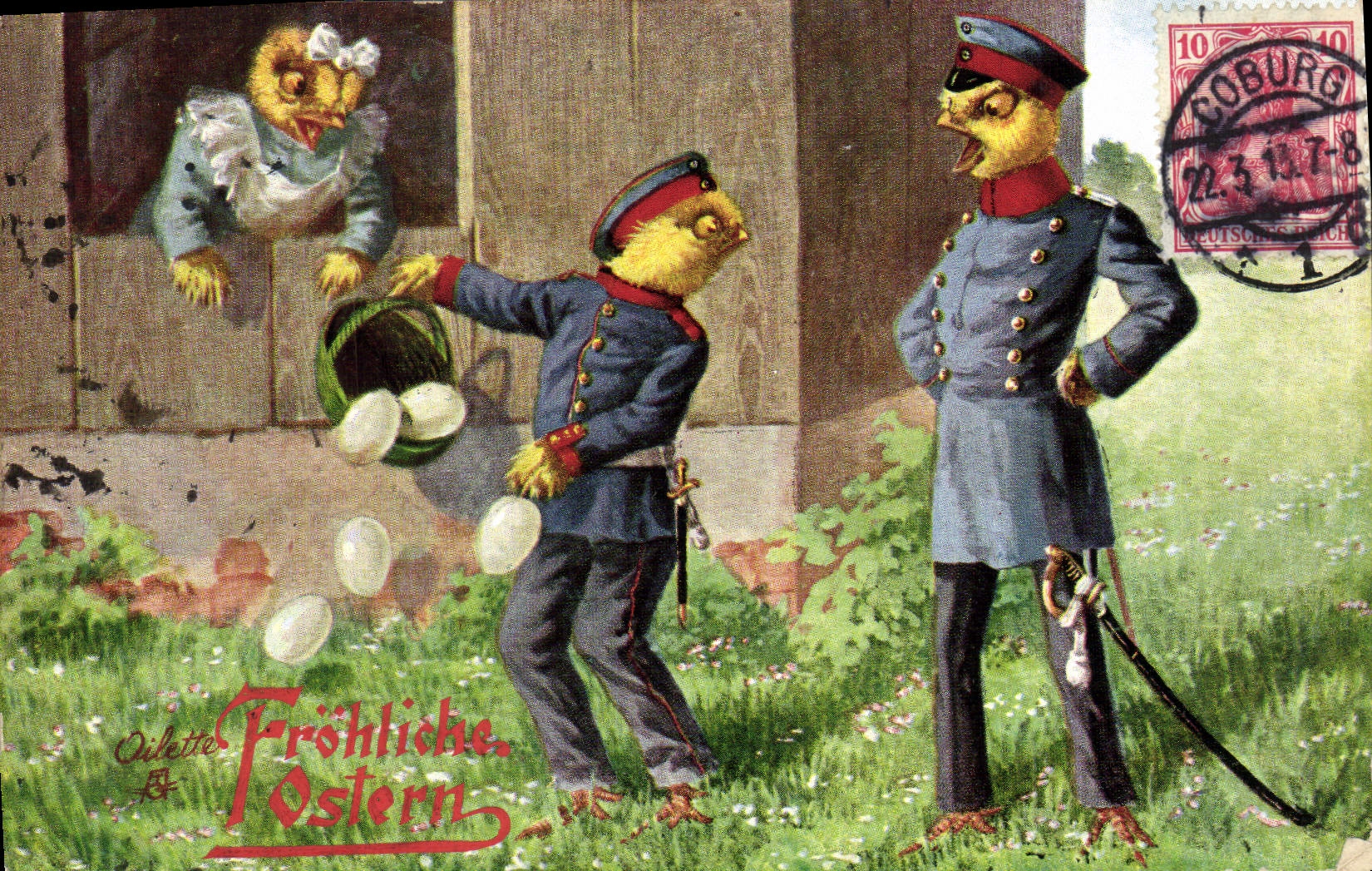 CPA Illustrateur Paques Poussin Militaria