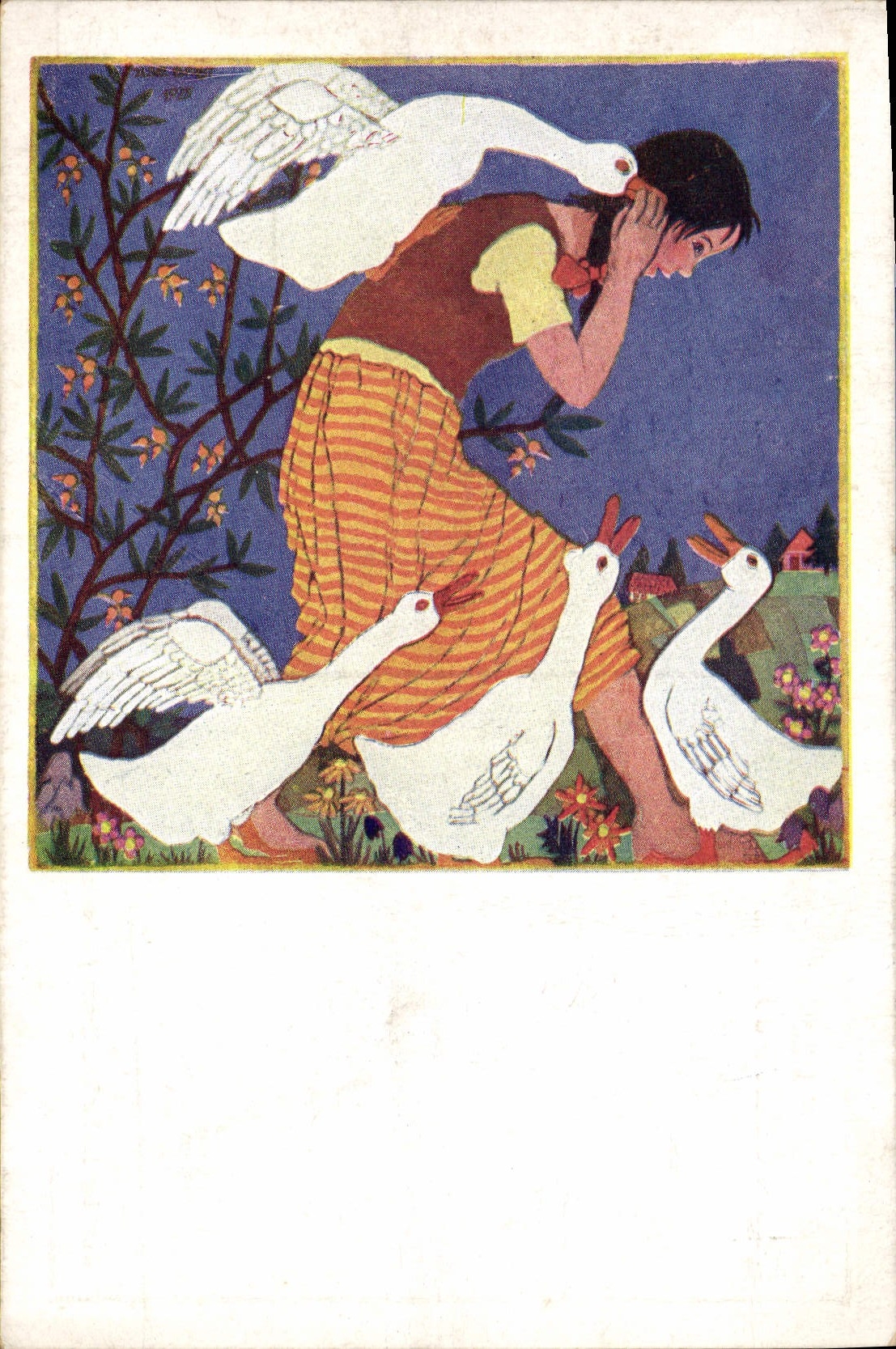 VINTAGE POSTCARD Illustrator Red Cross child Geese