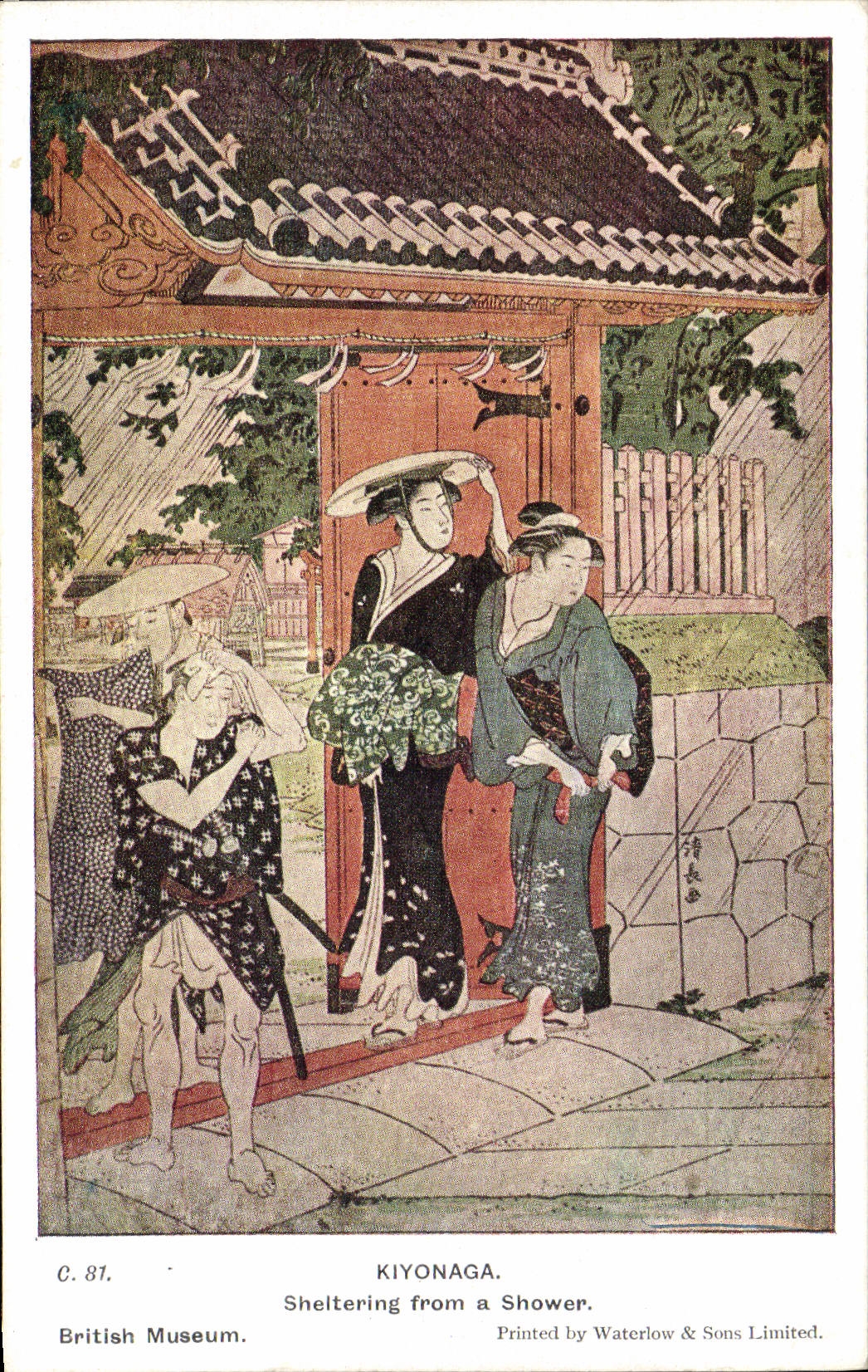 VINTAGE POSTCARD Japanese Japan Kiyonaga Sheltering from has shower British Museum