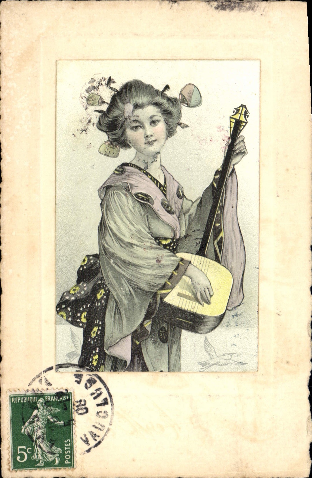 VINTAGE POSTCARD Japanese Japan Woman Music