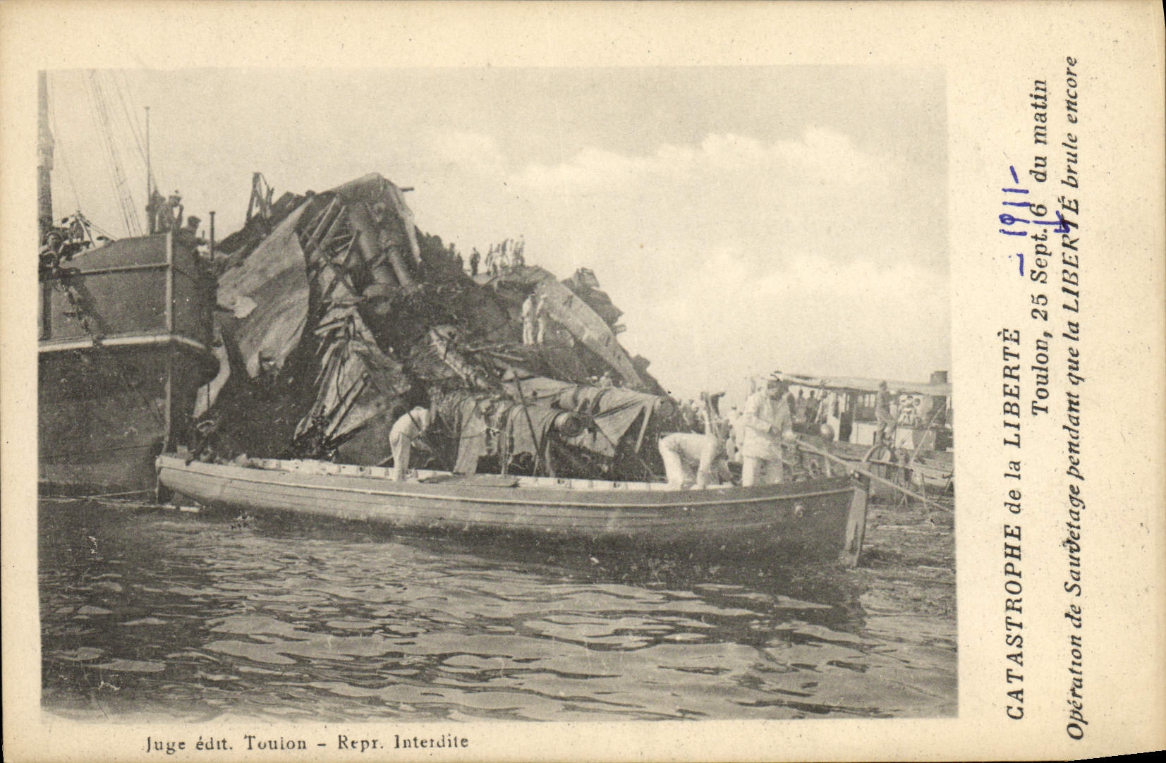 VINTAGE POSTCARD Boat War Catastrophe of Freedom Toulon Rescue operation while Freedom still burned
