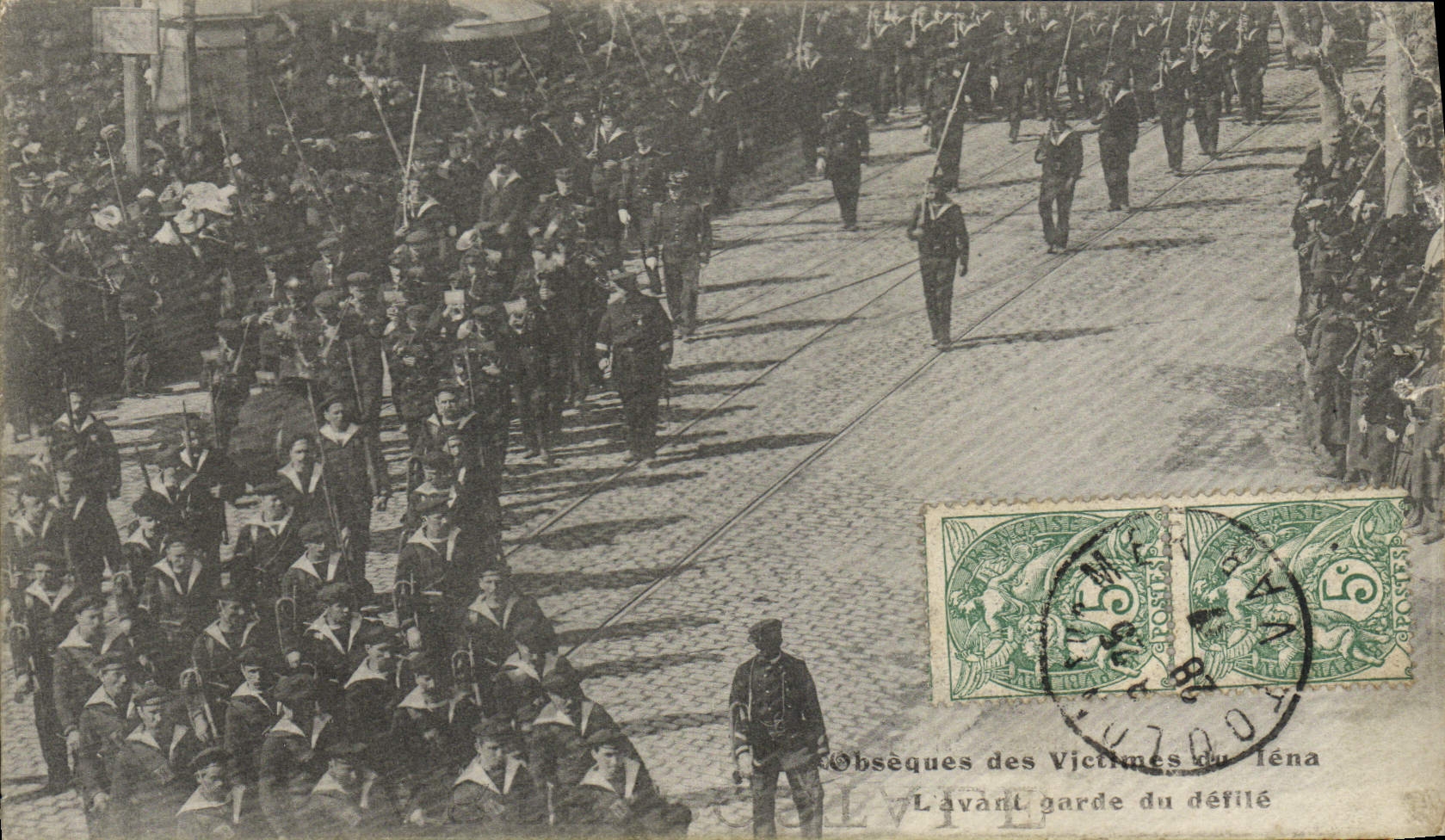 VINTAGE POSTCARD Boat War Funeral of the victims of Iena before guard of the procession