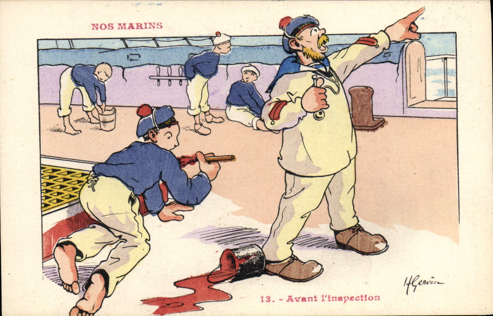 Ilustrador de Gervese de la POSTAL de la VENDIMIA nuestros marineros antes de la inspección