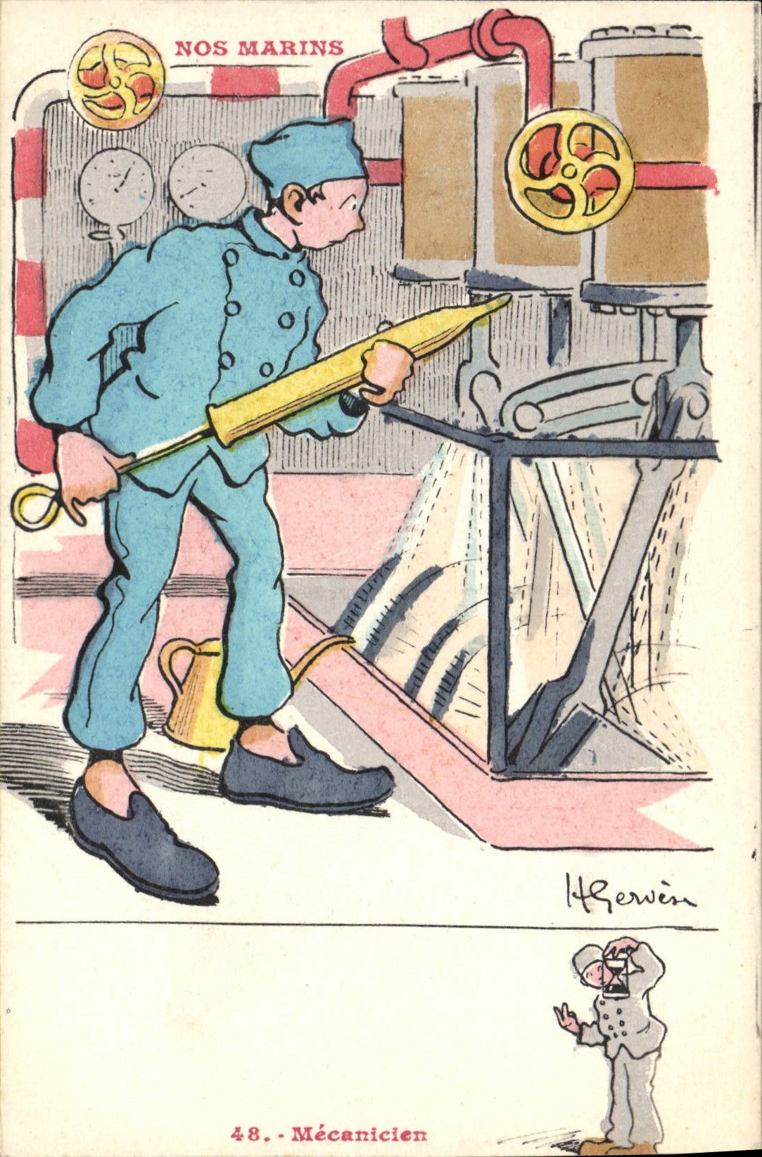 Ilustrador de Gervese de la POSTAL de la VENDIMIA nuestro mecánico de los marineros