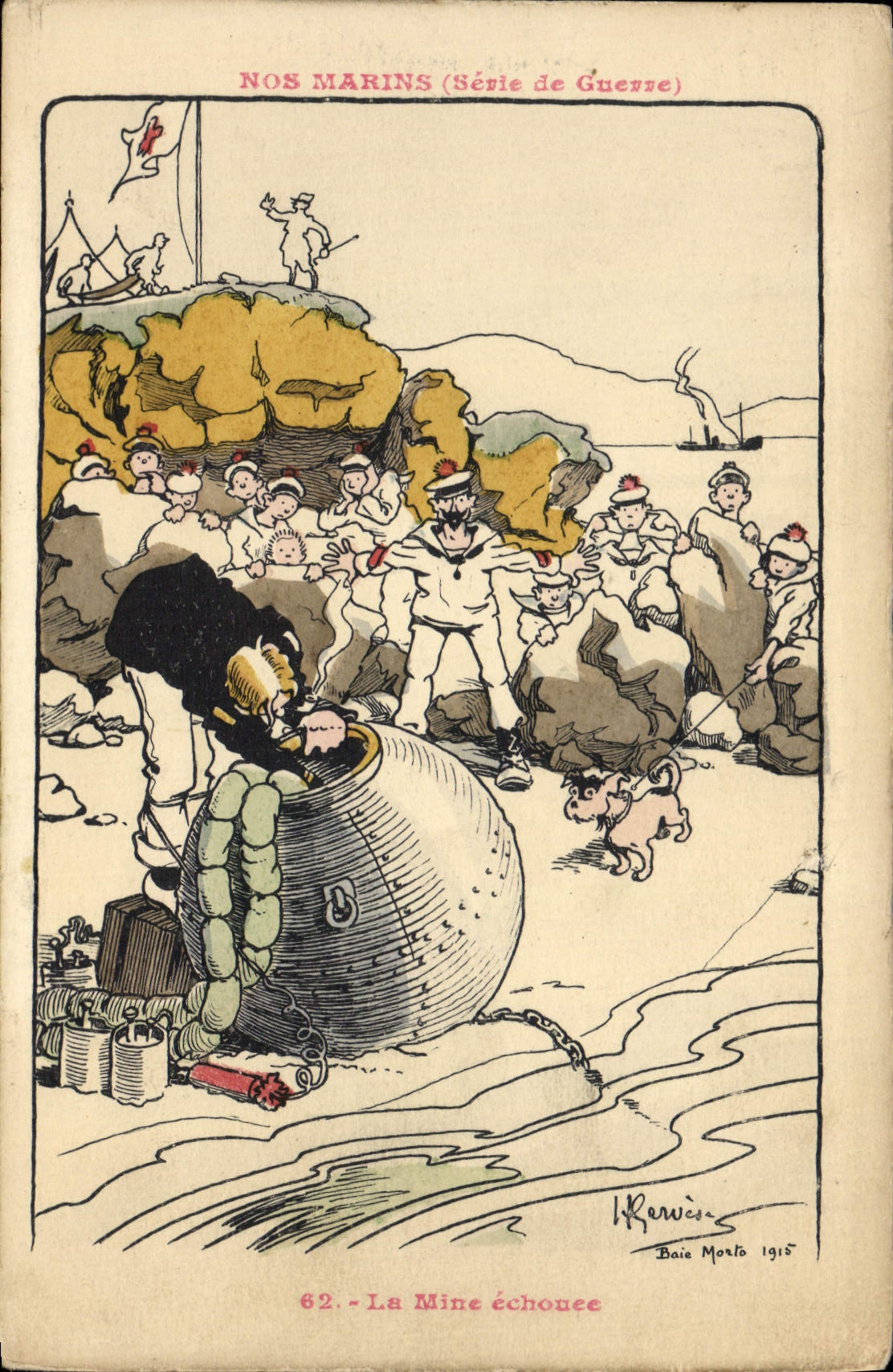 Ilustrador de Gervese de la POSTAL de la VENDIMIA nuestros marineros el echouee de la mina