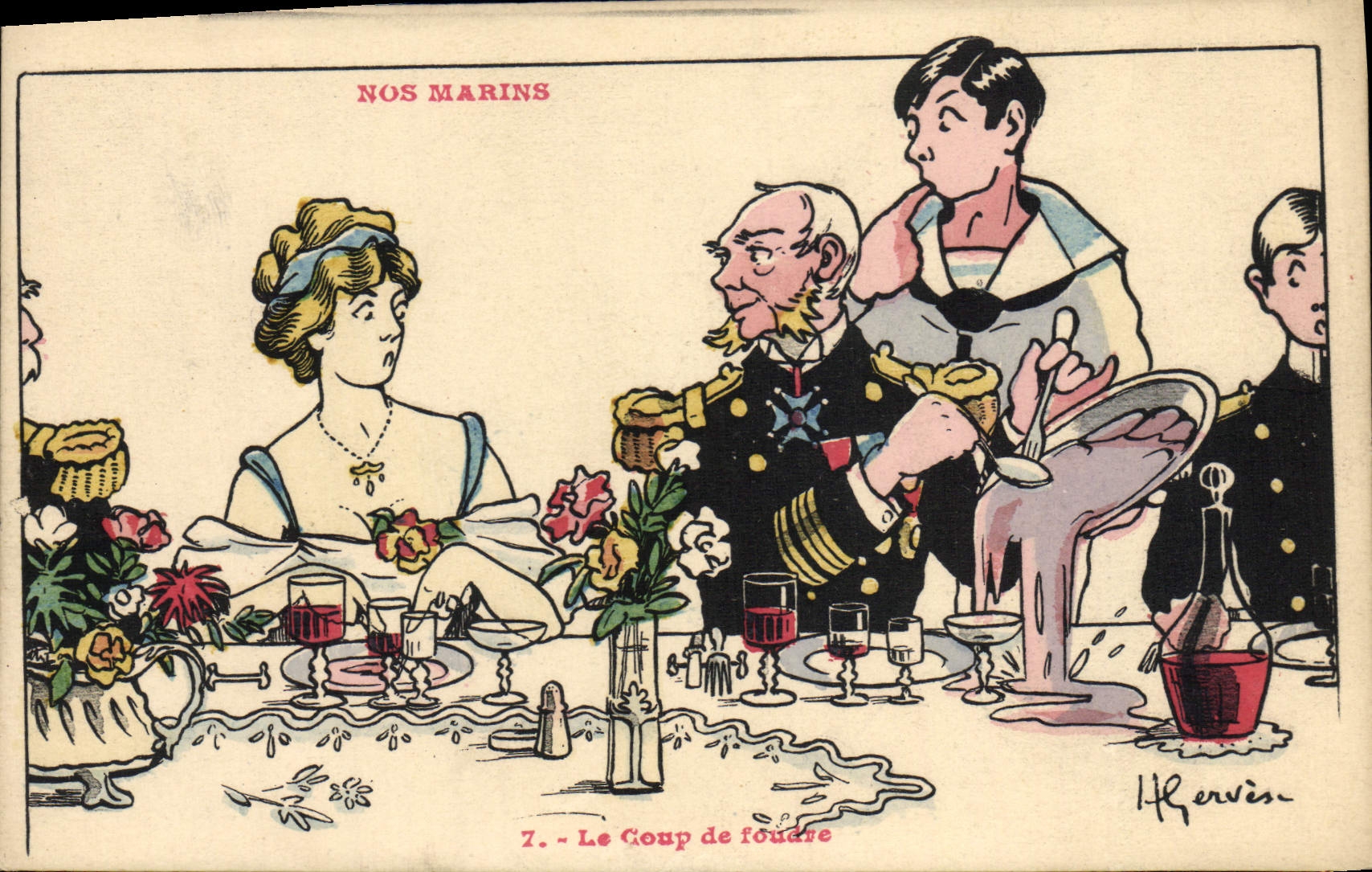 Ilustrador de Gervese de la POSTAL de la VENDIMIA nuestros marineros el amor en la primera vista