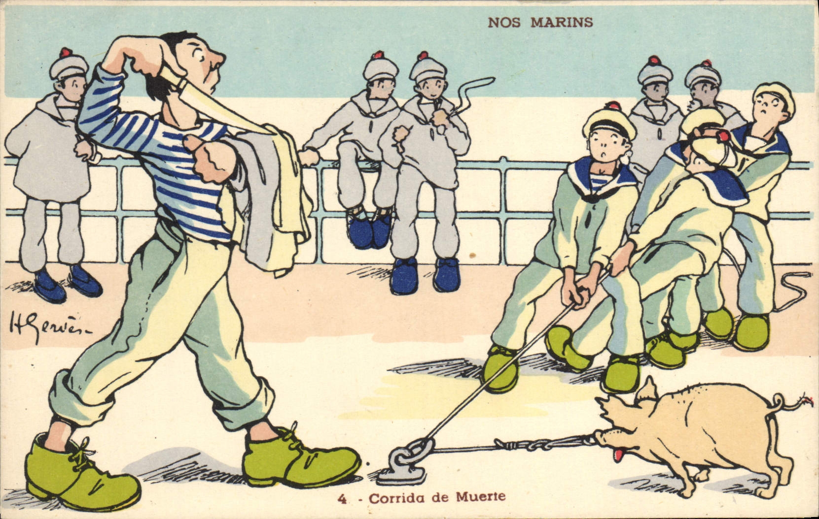 Ilustrador de Gervese de la POSTAL de la VENDIMIA nuestra corrida de los marineros del cerdo del cerdo de Muerte