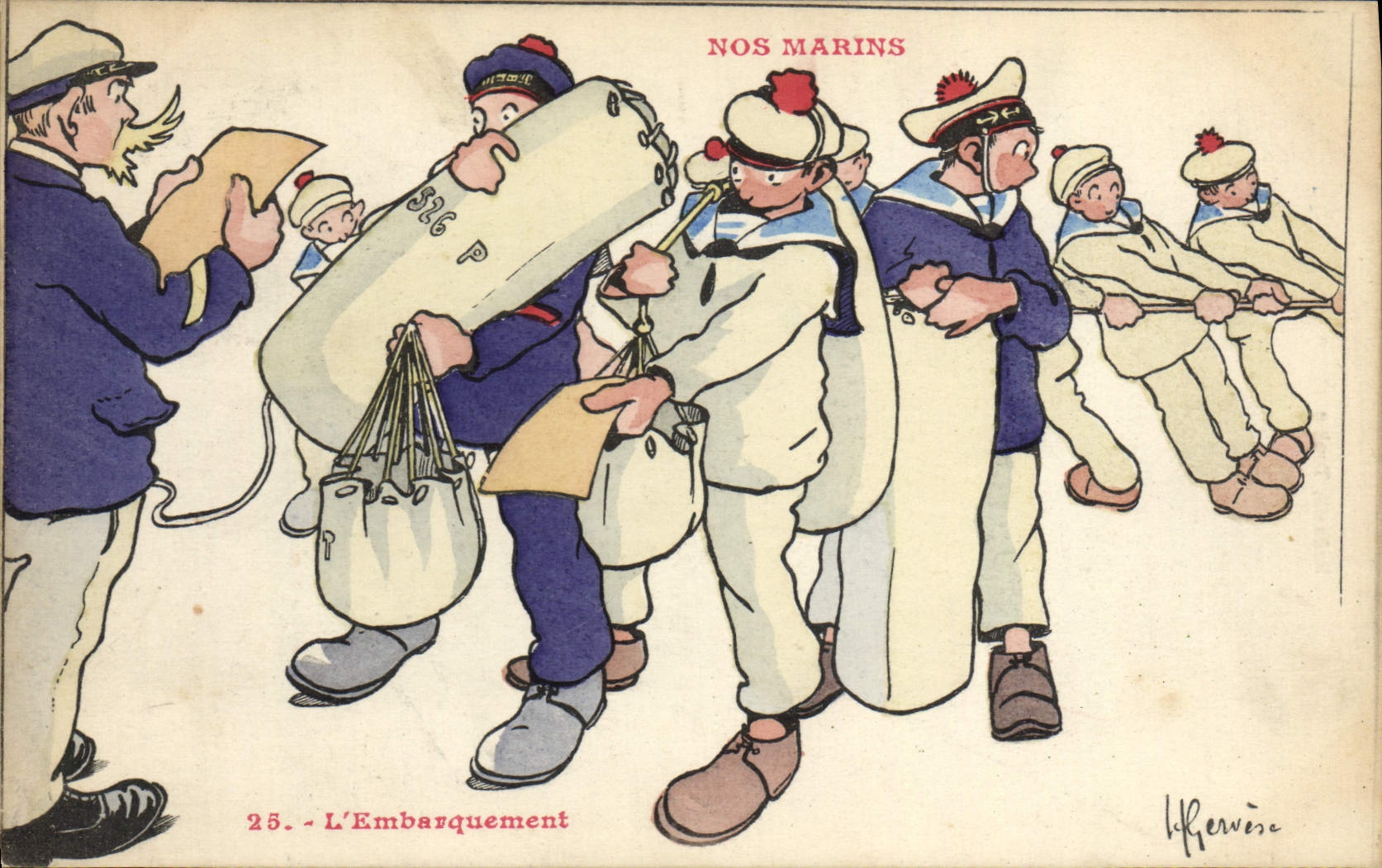 Ilustrador de Gervese de la POSTAL de la VENDIMIA nuestros marineros el cargamento