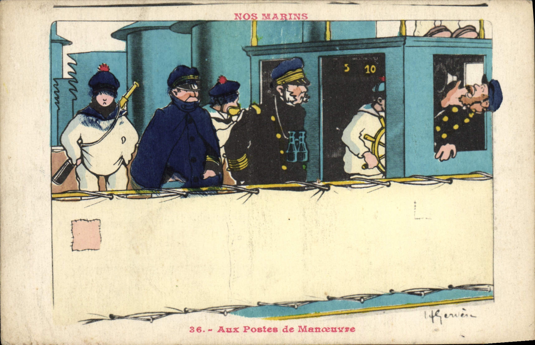 Ilustrador de Gervese de la POSTAL de la VENDIMIA nuestros marineros en el control de los puntos