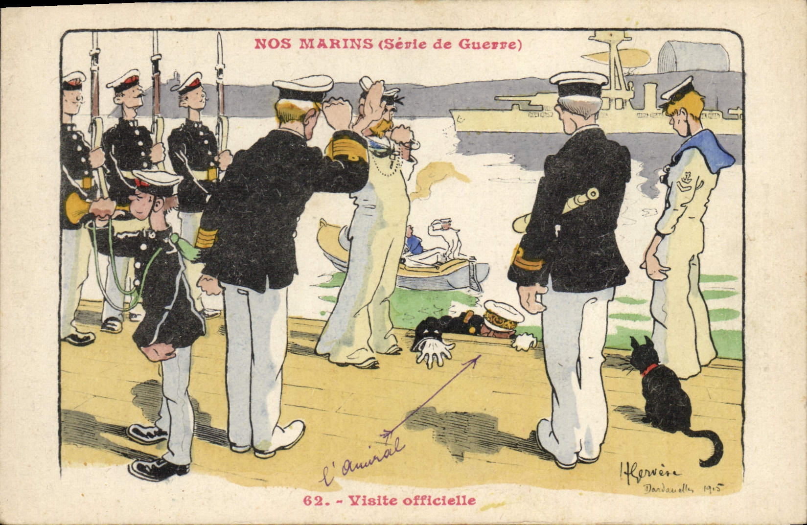 Ilustrador de Gervese de la POSTAL de la VENDIMIA nuestro gato de la visita oficial de los marineros