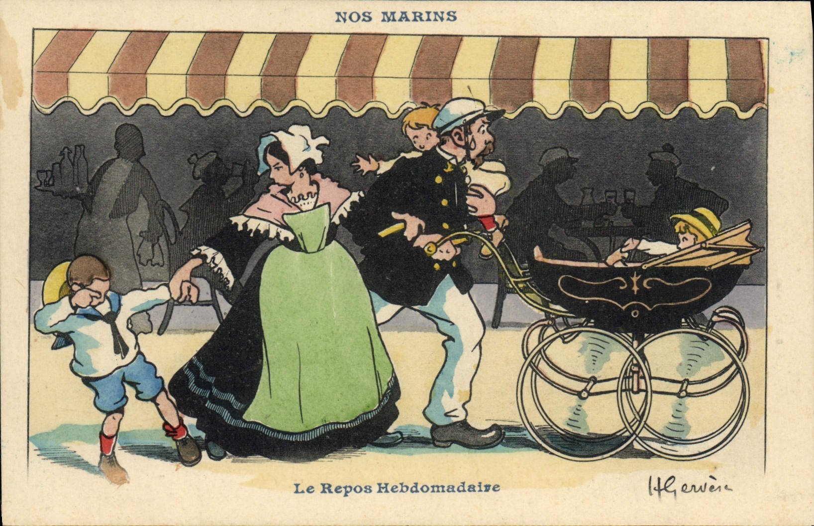 CPA Illustrateur Gervese Nos marins le repos hebdomadaire Poussette Enfant