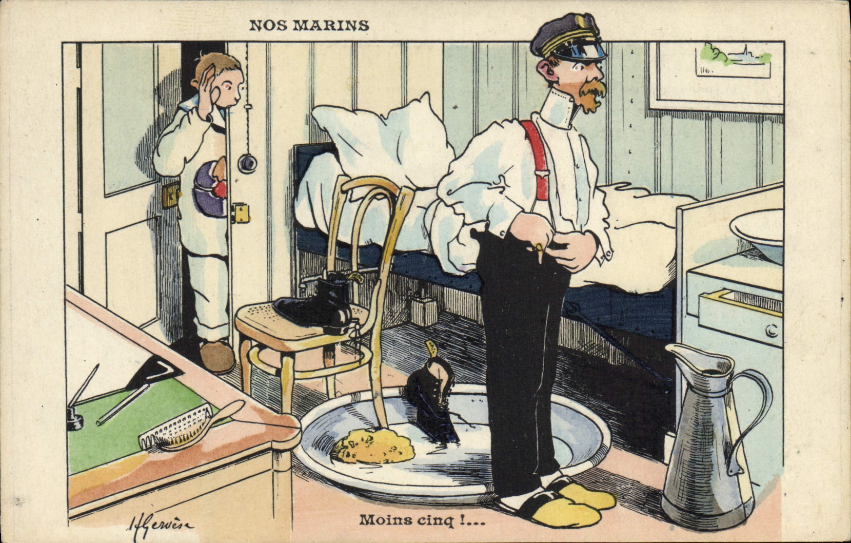 Ilustrador de Gervese de la POSTAL de la VENDIMIA nuestros marineros menos cinco