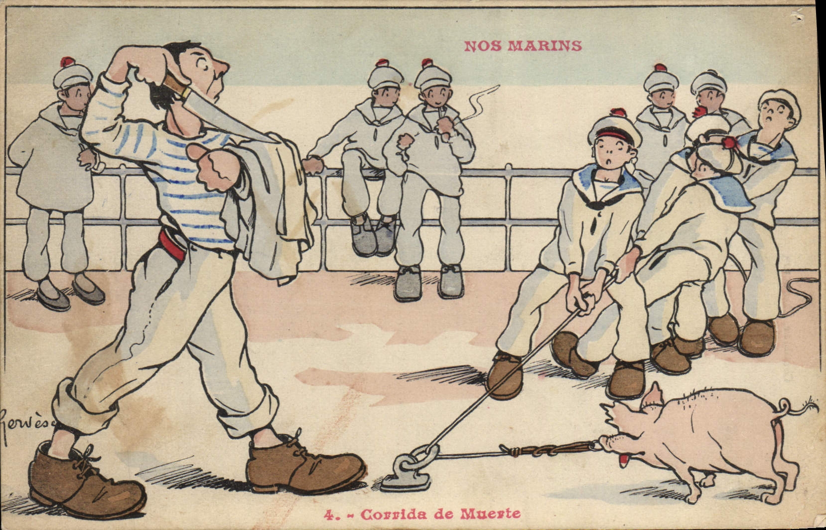 CPA Illustrateur Gervese Nos marins Corrida de Muerte cochon Porc