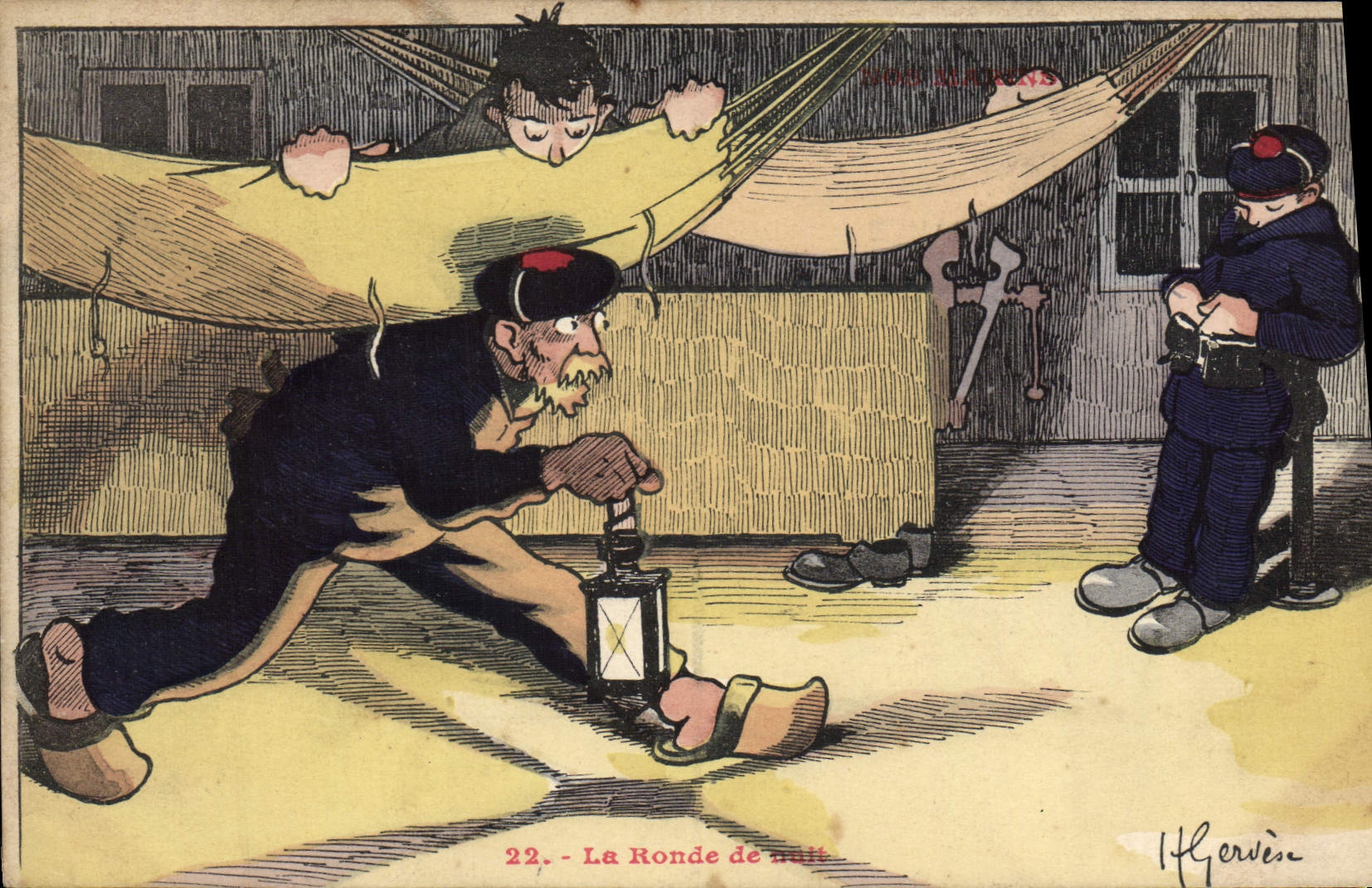 Ilustrador de Gervese de la POSTAL de la VENDIMIA nuestros marineros la noche redonda