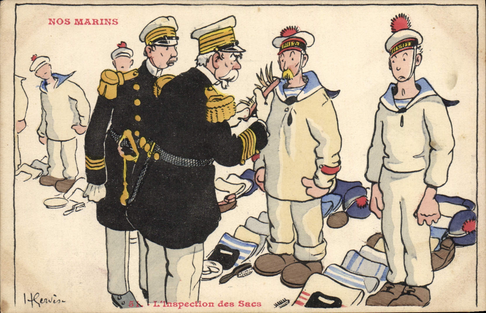 Ilustrador de Gervese de la POSTAL de la VENDIMIA nuestros marineros la inspección de los bolsos