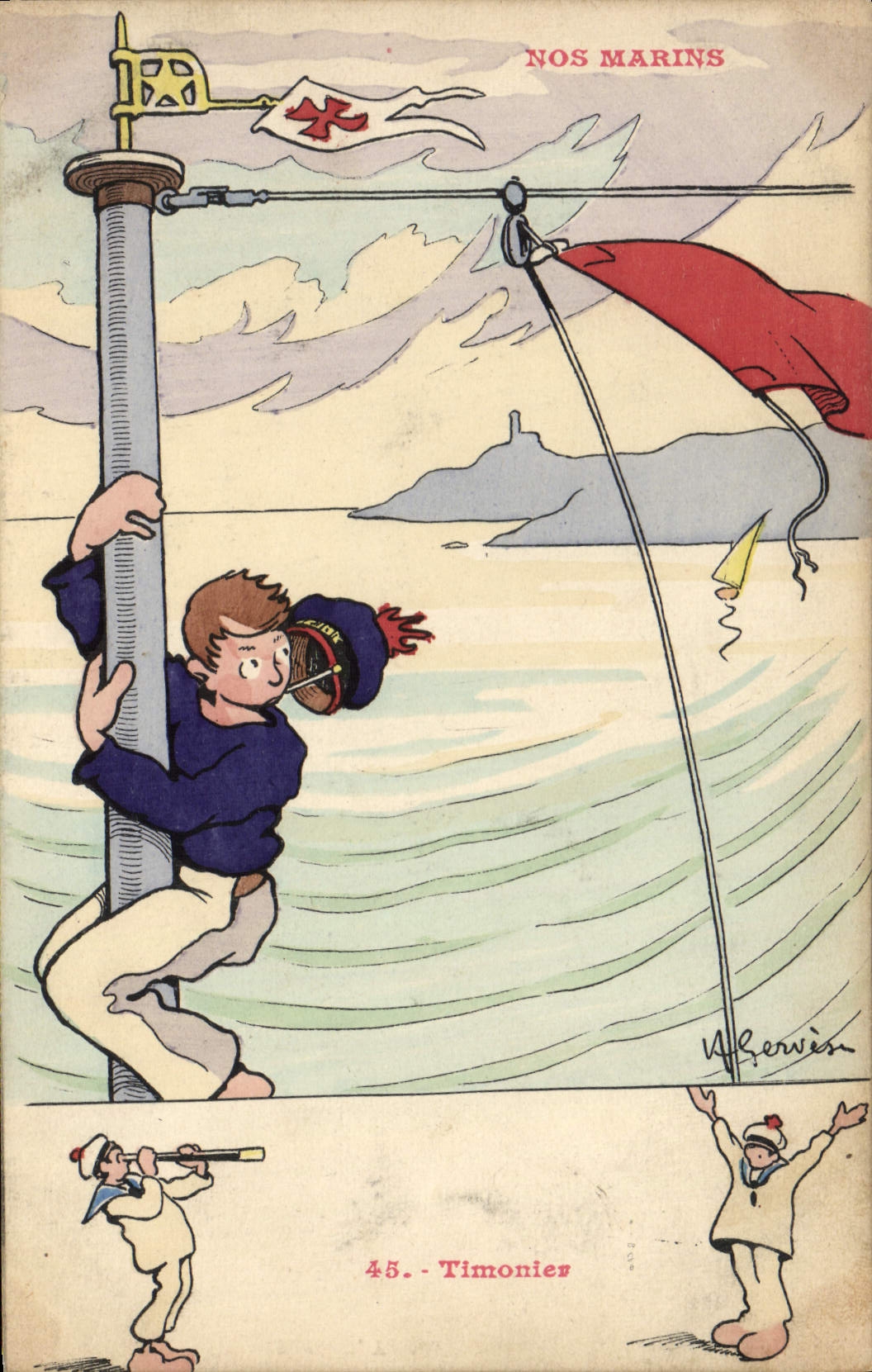 Ilustrador de Gervese de la POSTAL de la VENDIMIA nuestro intendente de los marineros