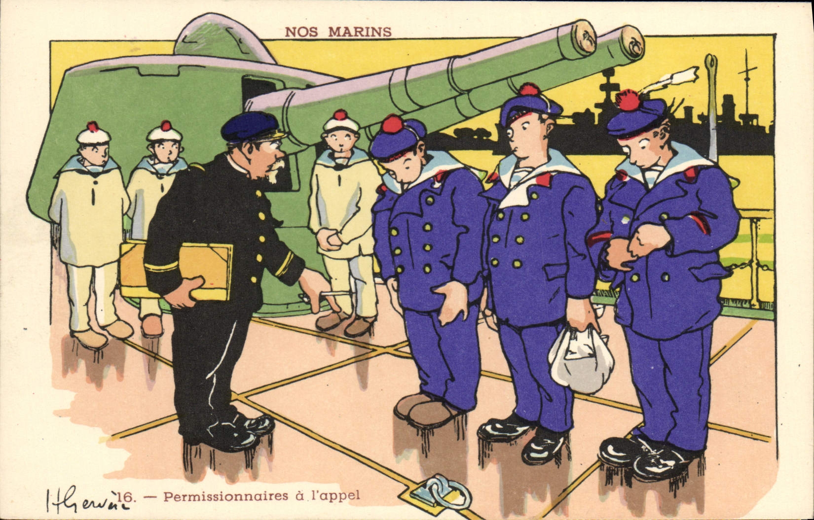 CPA Illustrateur Gervese Nos marins Permissionnaires a l'appel